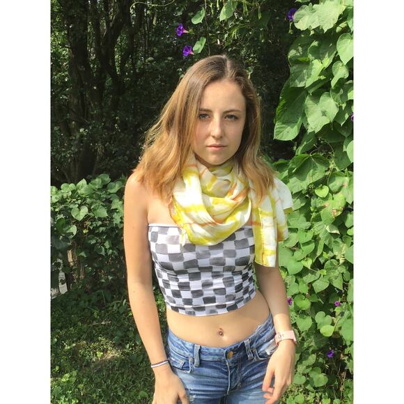 Tie Dyed Silk Extra Long Scarf Lime Green Orange Shibori Geometric - Picture 9 of 11